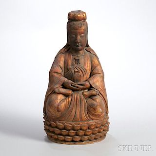 Carved Wood Figure of Guanyin 木雕坐莲观音造像，高20英寸，20世纪,中国