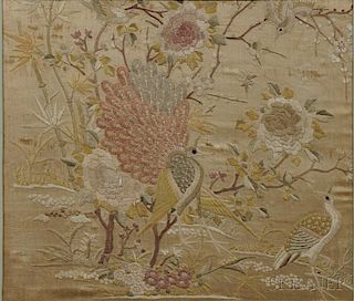 Silk Embroidery of a Peacock and Peahen 孔雀开屏刺绣，高14.75英寸,宽17英寸,19/20世纪,中国