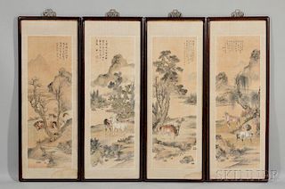 Set of Four Framed Paintings: Eight Horses “八骏图”四块画匾，高40英寸，宽13英寸，20世纪,中国