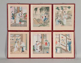 Set of Six Genre Scenes 6块画匾，高8英寸,宽7英寸,20世纪,中国