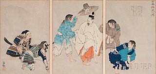 Two Oban Tate-e   Triptych Woodblock Prints 三联木版画，高13.875英寸,宽29.25英寸,19/20世纪,日本