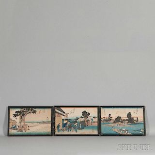 Eight Woodblock Prints from the Fifty-three Stations of the Tokaido 8件木版画（东海道五十三站），高8.75英寸,宽13.625英寸,19世纪,