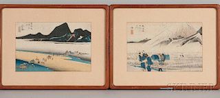 Two Woodblock Prints from the Fifty-three Stations of the Tokaido 2件木版画（东海道五十三站），高8.5英寸,宽13.5英寸,19世纪,日
