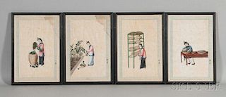 Set of Twelve Silk and Weaving Pictures, depicting the silk production process 12蝠描绘丝绸生产的丝绸画，高10.5英寸,宽6.5英寸,中国