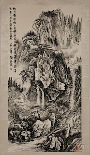 Hanging Scroll Depicting a Landscape 刘海粟山水画卷轴，高53.25英寸,宽27.125英寸,中国