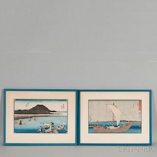 Two Woodblock Prints 2件木版画（东海道五十三站），高8.5英寸,宽13.375英寸,19世纪,日本