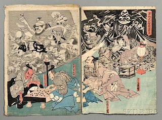 Two Woodblock Prints 2件木版画，高15.25英寸,宽10.5英寸,19世纪,日本，歌川国芳（1797年至1861年）