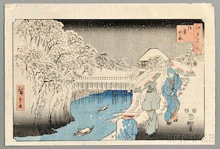 Utagawa Hiroshige (1797-1858) Woodblock Print 歌川广重（1797年至1858年）版画，高10英寸，宽14.75英寸，日本