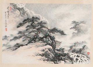 Landscape Painting, 葛岩“云壑飞泉图”,高18英寸,宽26,5英寸,中国,1984年