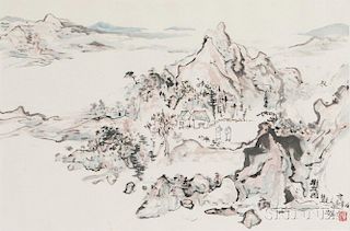 Painting Depicting a Landscape "别友图",高17英寸,宽25.75英寸,20世纪,中国