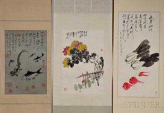 Three Hanging Scrolls of Chinese Paintings 3幅花鸟画，高35.5英寸，宽17英寸，20世纪，中国