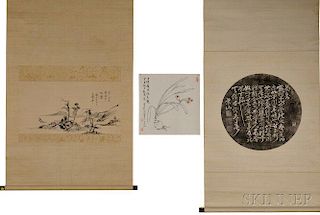 Two Hanging Scrolls and a Loose Painting 2幅卷轴和一幅兰花图，高11英寸，宽22英寸，20世纪，中国