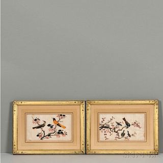 Two Export Pith Paintings of Birds 2幅出口花鸟画，高5.75英寸，宽9.75英寸，19世纪早期，中国