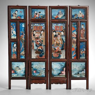 Four-panel Table Screen with Export Reverse Glass Paintings 四扇玻璃画台屏，每扇高23.5英寸，宽5.5英寸，19世纪，中国