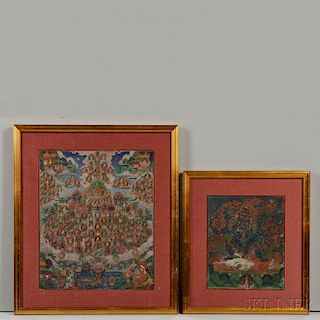 Five Thangkas 5幅唐卡，高8.25-15英寸，宽6.375-11英寸，18-20世纪，中国西藏