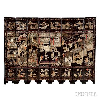 Eight-panel Coromandel Lacquer Screen 八扇山水人物花鸟落地屏风,每扇高96英寸,宽16.25英寸,19世纪,中国