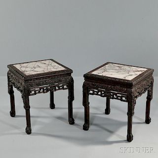 Pair of Export Marble-top Stands 一对大理石面雕花木方凳,高18.375英寸,19/20世纪,中国