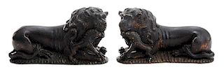 Pair Carved Wood Lions with Cubs