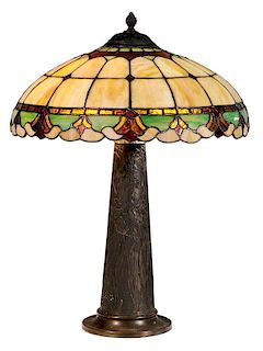 Cast Metal Lamp Base and Leaded Glass