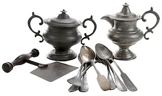 Eleven Pewter, Iron and Silver Table