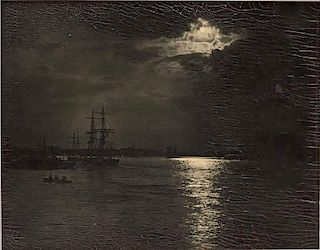 19th C Photograph Ships in Moonlight