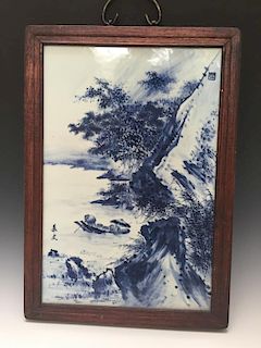 CHINESE ANTIQUE BLUE AND WHITE PAINTING PLAQUE