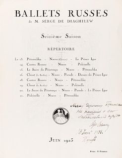 1923 BALLETS RUSSES PROGRAM SIGNED AND DEDICATED BY SERGEI DIAGHILEV TO BORIS KOCHNO