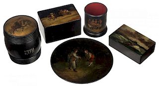 A GROUP OF FIVE ANTIQUE RUSSIAN LACQUERWARE ITEMS, VISHNYAKOV FACTORY AND OTHER MAKERS, 19TH CENTURY