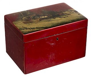 A RUSSIAN PAPIER-MACHE AND LACQUER TEA CADDY, VISHNYAKOV FACTORY, LATE 19TH CENTURY