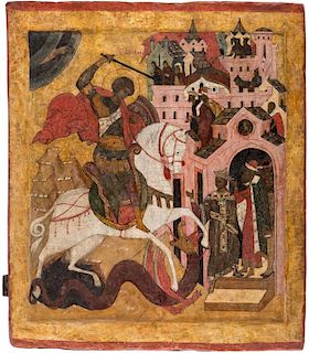 A MONUMENTAL RUSSIAN ICON OF SAINT GEORGE BATTLING THE DRAGON, 16TH CENTURY