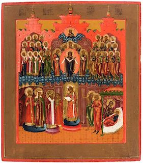 A RUSSIAN ICON OF THE PROTECTING VEIL OF THE VIRGIN, 19TH CENTURY