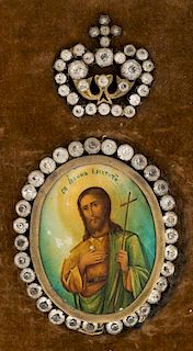A RUSSIAN ANTIQUE MEDALLION ICON OF SAINT JOHN THE BAPTIST WITH GLASS GEMS