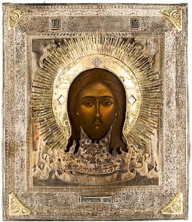 A RUSSIAN ICON OF THE SAVIOUR NOT MADE BY HANDS IN A GILT SILVER AND NIELLO OKLAD, CENTRAL RUSSIA, EARLY 1700S, OKLAD CIRCA 1836