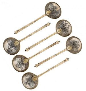 A GROUP OF SIX GILT SILVER AND NIELLO SPOONS FEATURING PEASANT LIFE, MOSCOW, CIRCA 1870