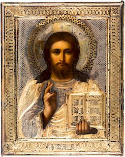 A RUSSIAN ICON OF CHRIST PANTOCRATOR IN A GILT SILVER OKLAD, MARKED MK, MOSCOW, 1899-1908