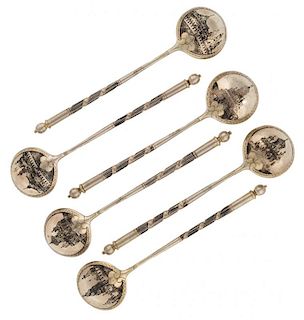 A GROUP OF SIX GILT SILVER AND NIELLO SPOONS WITH VIEWS OF THE MOSCOW KREMLIN, MARKED ITI, MOSCOW, LAST QUARTER OF THE 19TH CENTURY