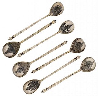 A GROUP OF SEVEN GILT SILVER AND NIELLO TEA SPOONS WITH VIEWS OF THE KREMLIN, MOSCOW, VARIOUS MAKERS, LAST QUARTER OF THE 19TH CENTURY