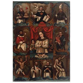 NUESTRA SEÑORA DE ALTA GRACIA CON DONANTE Y SANTOS. MÉXICO, SIGLO XVIII. Óleo sobre tela.  84 x 60 cm