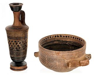 A PAIR OF ANTIQUITIES INCLUDING A LEKYTHOS AND A BOWL WITH HANDLES