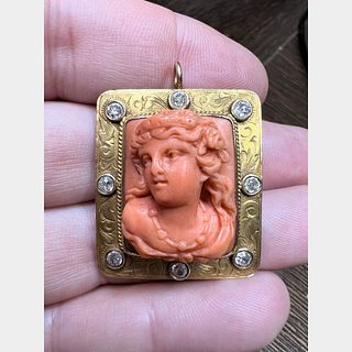 Antique 18K Yellow Gold Carved Coral Cameo Pendant