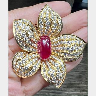 Alexandre Reza 18K Burma Ruby & Diamond Flower Brooch