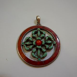 TIBETAN CHINESE STERLING SILVER CORAL & TURQUOISE PENDANT