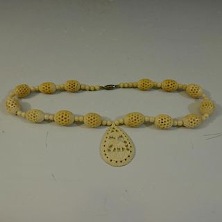 CHINESE CARVED ROUND BEADS PENDANT & NECKLACE