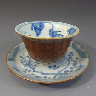 ANTIQUE CHINESE BLUE WHITE CAFE AU LAIT PORCELAIN CUP SAUCER 18TH CENTURY