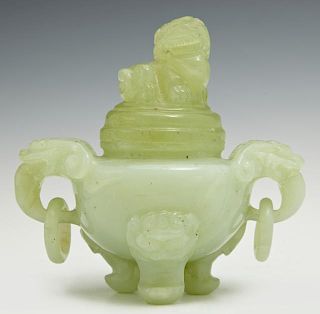 Oriental Carved Jade Censer, 20th c., the lid with