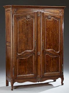 French Provincial Louis XV Style Carved Oak Armoir