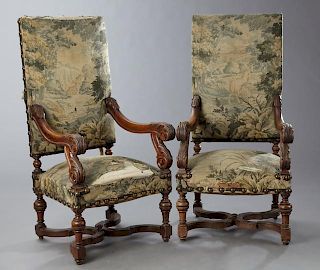 Pair of French Louis XIII Style Carved Oak Fauteui