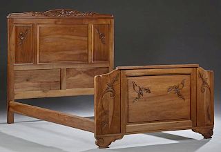 French Art Deco Carved Walnut Bed, c. 1940, the ar