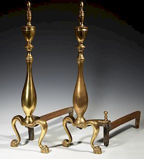 Pair of Large Brass and Iron Andirons, 20th c., wi