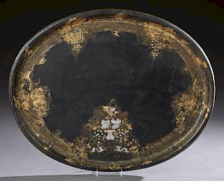 Large English Oval Tole Tray, 19th c., with gilt f